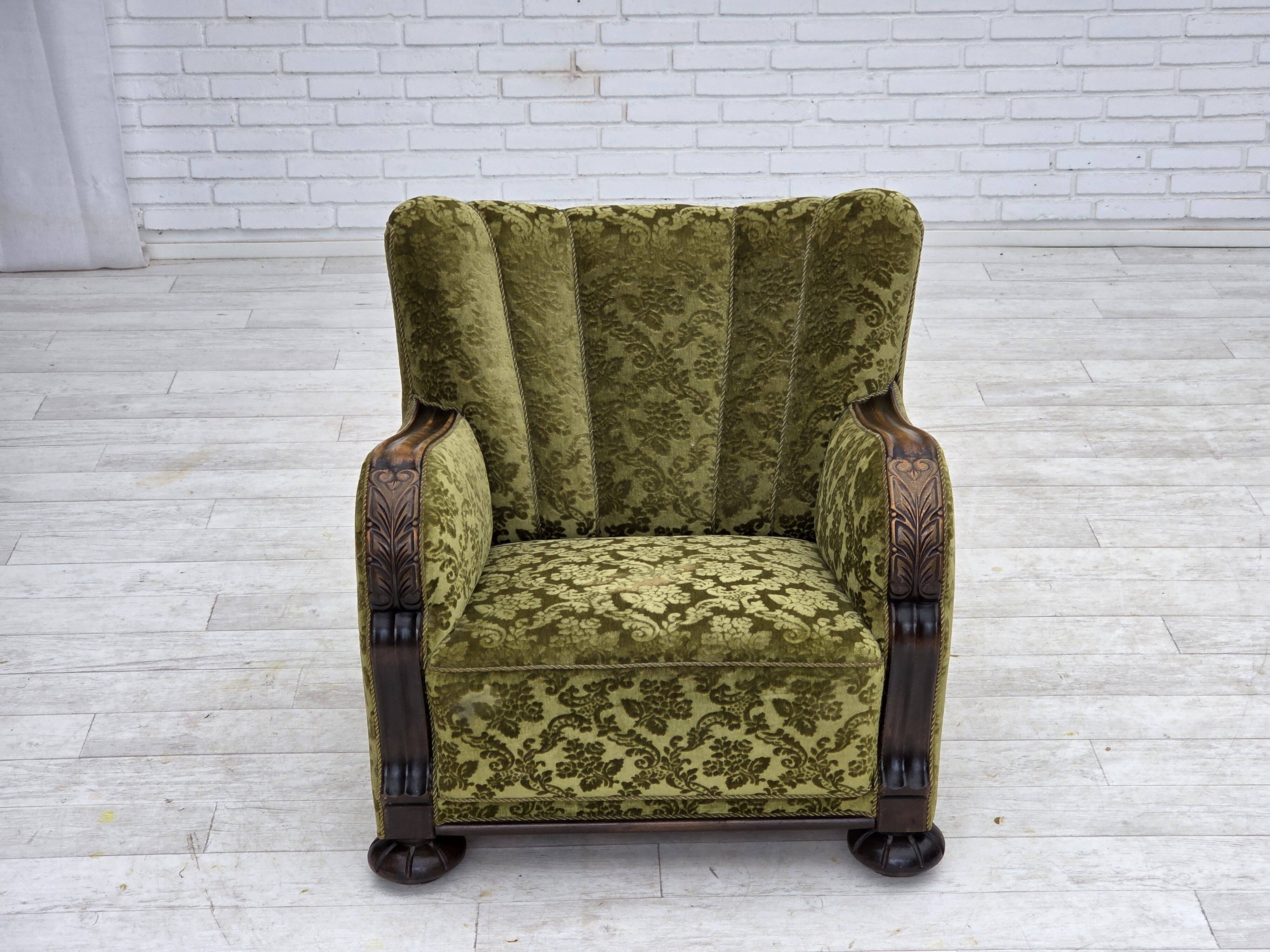 1950s, Danish relax chair, furniture velour, oak wood.