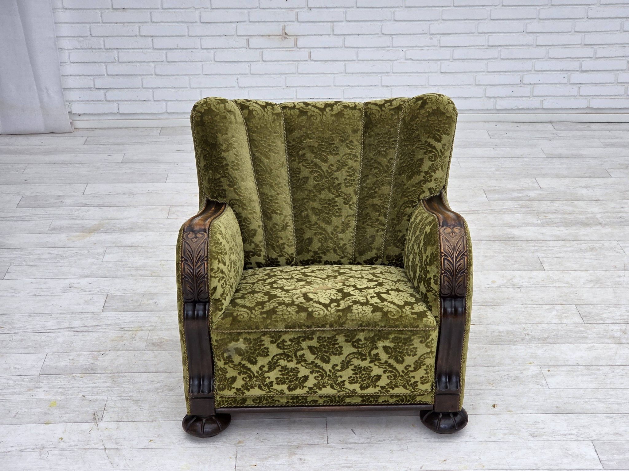 1950s, Danish relax chair, furniture velour, oak wood.