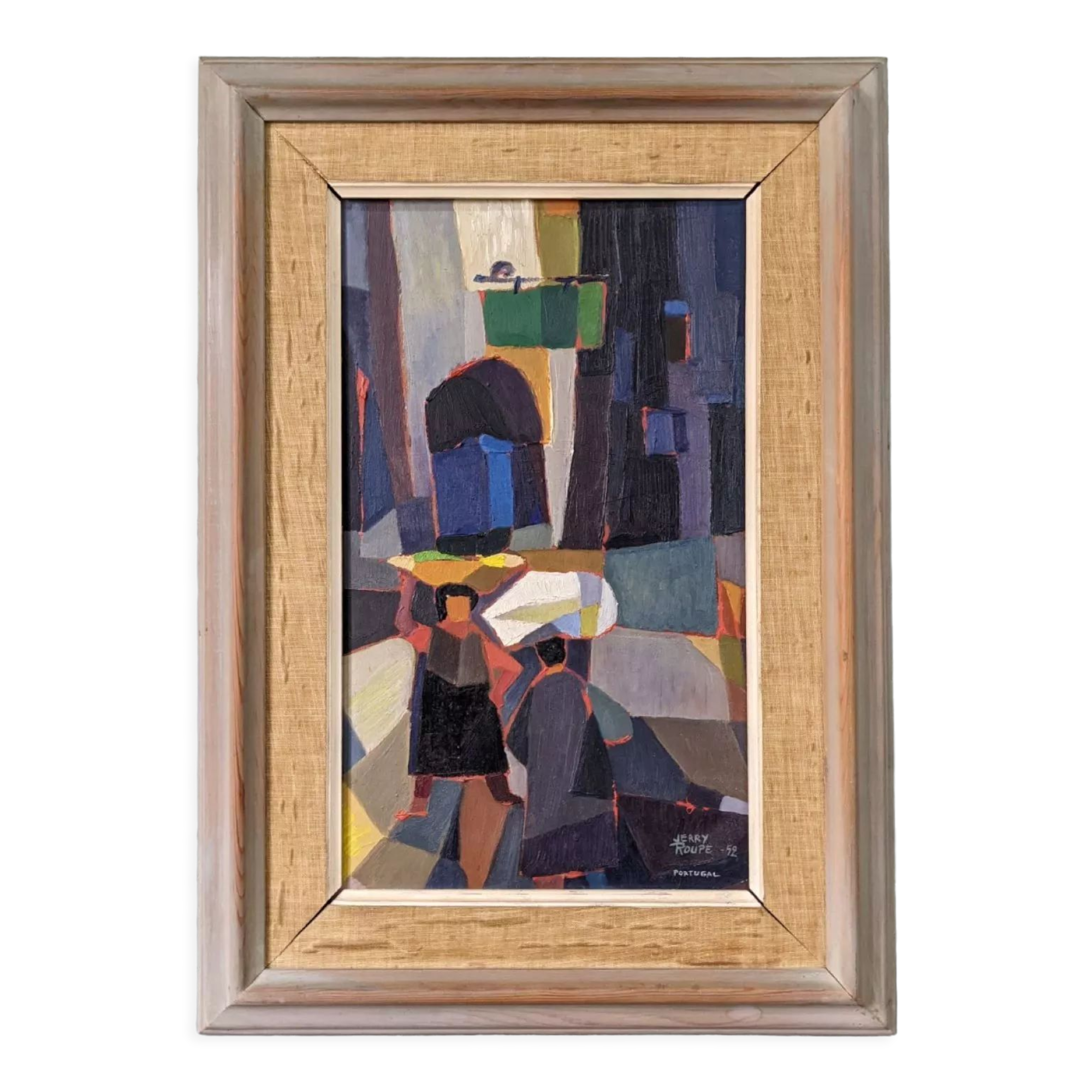 Mid-century modern swedish "streets of portugal" street scene oil painting, framed