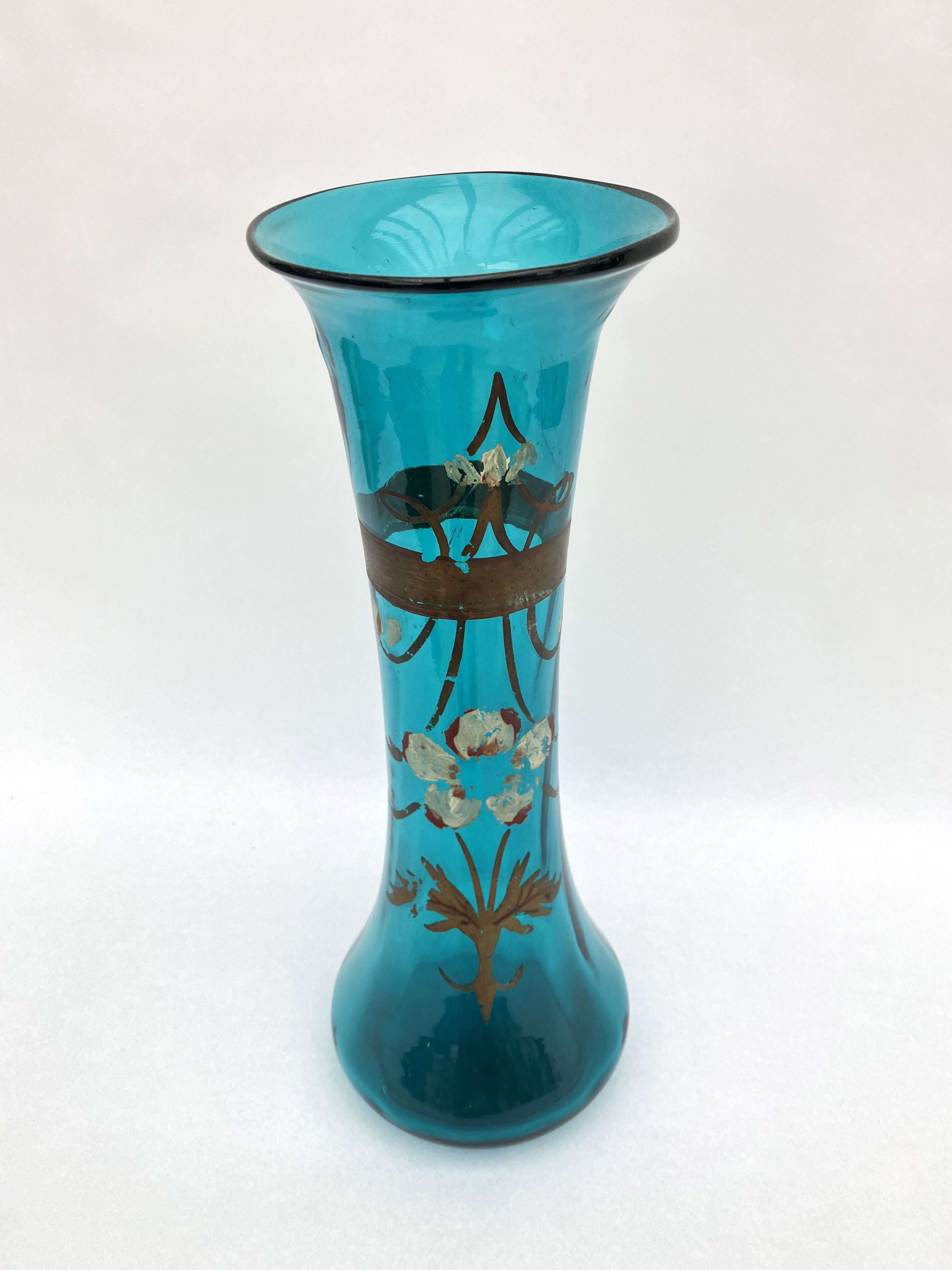 Large diabolo-shaped vase in turquoise blue blown glass with floral decoration • Art Nouveau • 1900s
