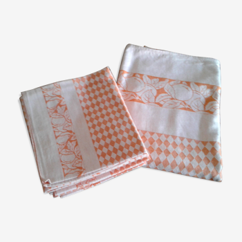 Tablecloth set and 6 towels, orange checkered, vintage