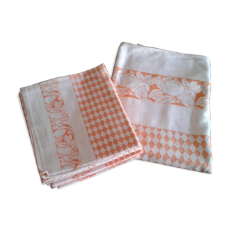 Set nappe et 6 serviettes damassé orangé vintage