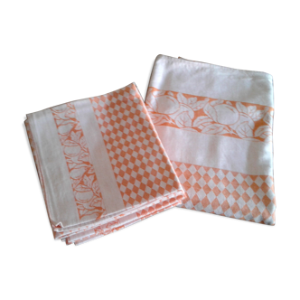 Tablecloth set and 6 towels, orange checkered, vintage