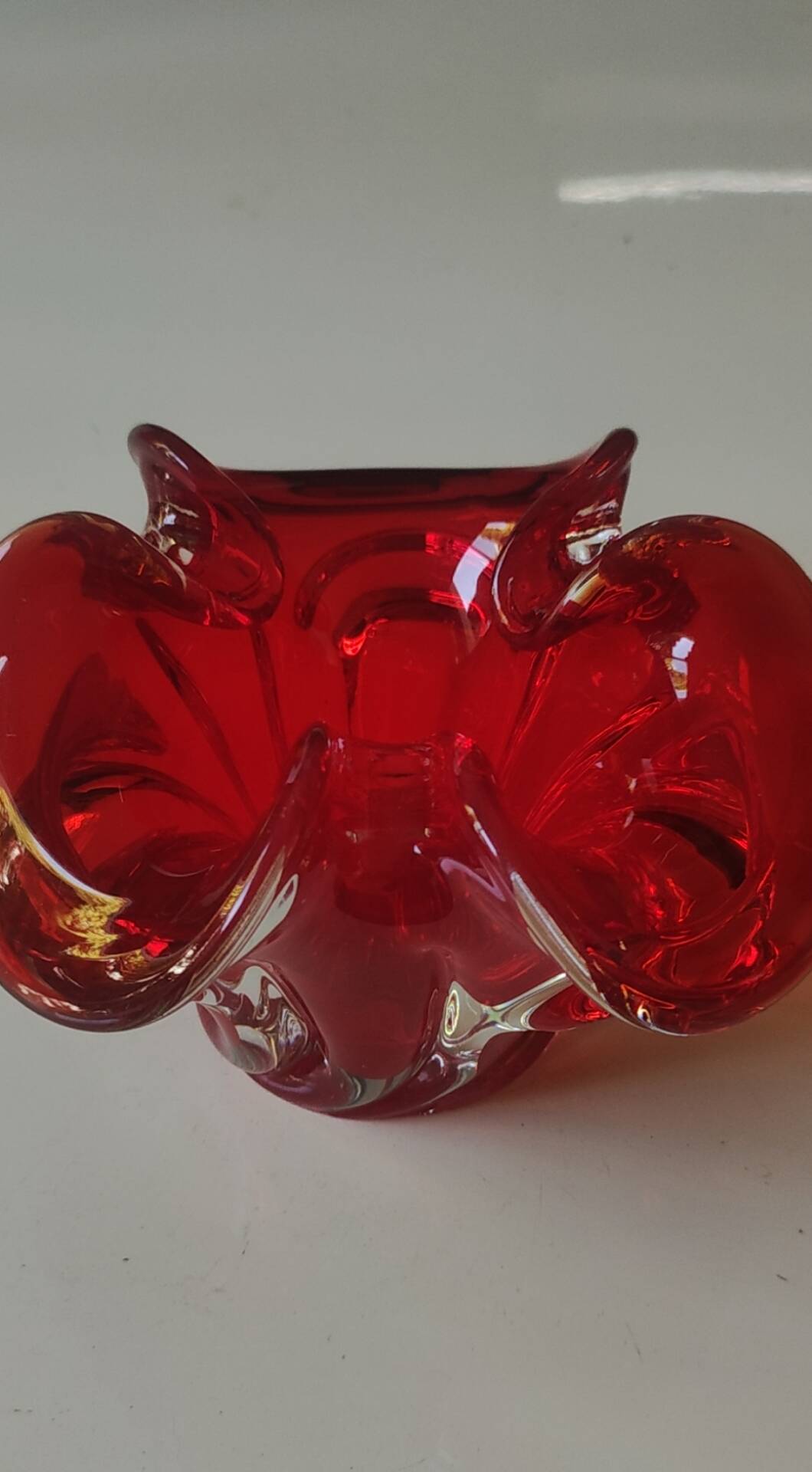 Murano Ashtray/Tray. Organic floral shape. Ruby red, 14cm.