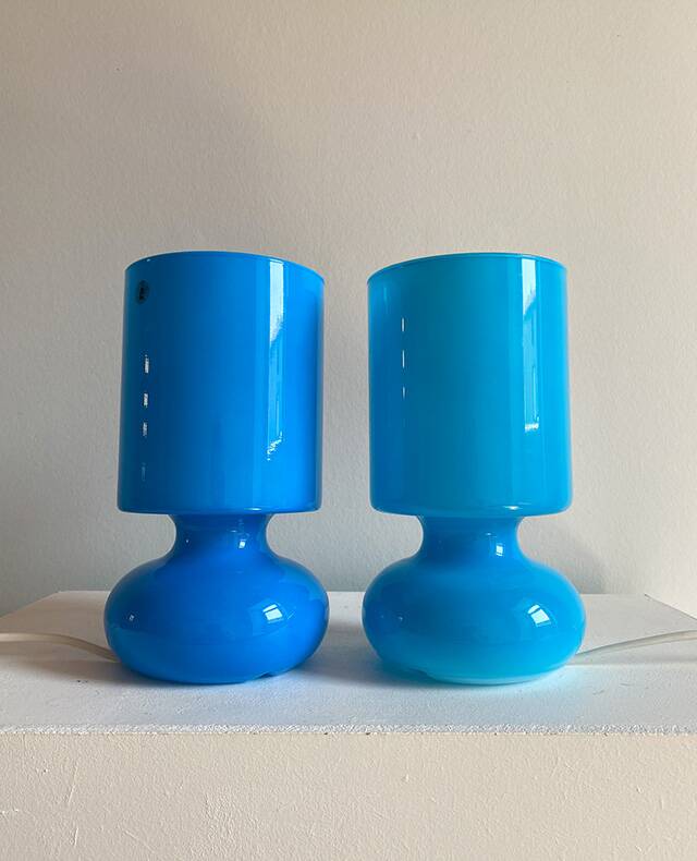 Pair of IKEA Lykta lamps in turquoise opaline