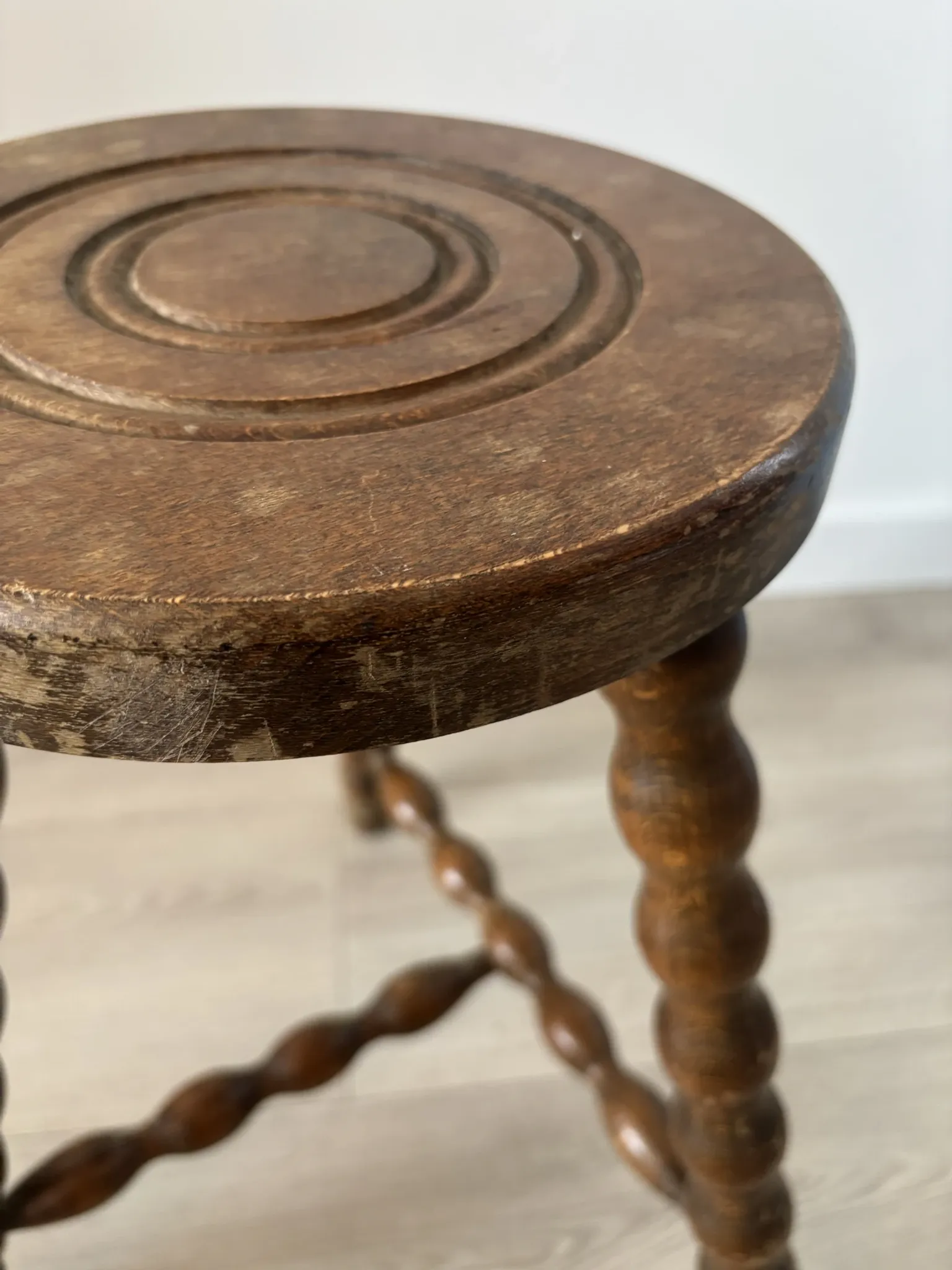 Antique tripod stool, solid wood, turned wood.