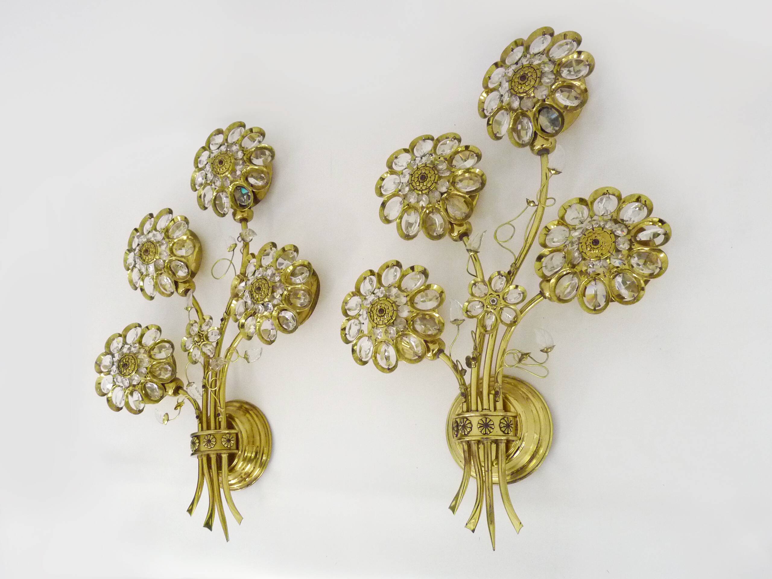 Large pair of vintage Palwa crystal and brass flower wall lights with 4 lights. 70s