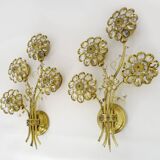 Large pair of vintage Palwa crystal and brass flower wall lights with 4 lights. 70s