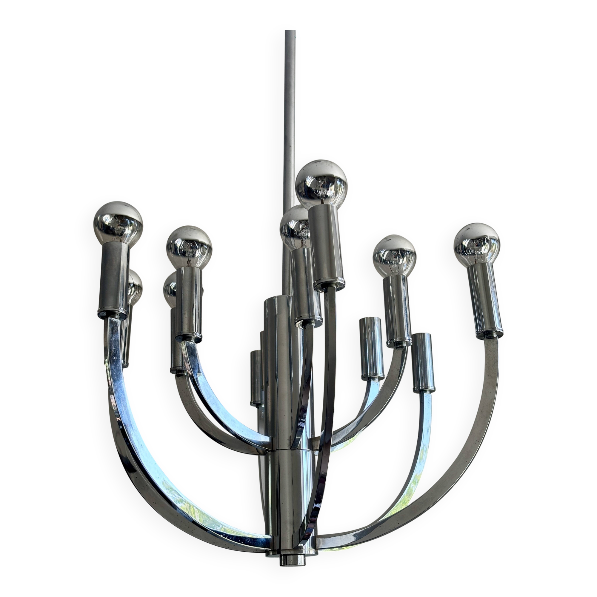 Chrome chandelier with 12 lights in the style of Gaetano Sciolari – 1970s