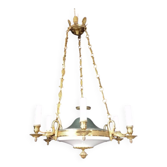 Lustre style Empire/Napoléon 1er bronze opaline véritable Lucien Gau Paris 60’