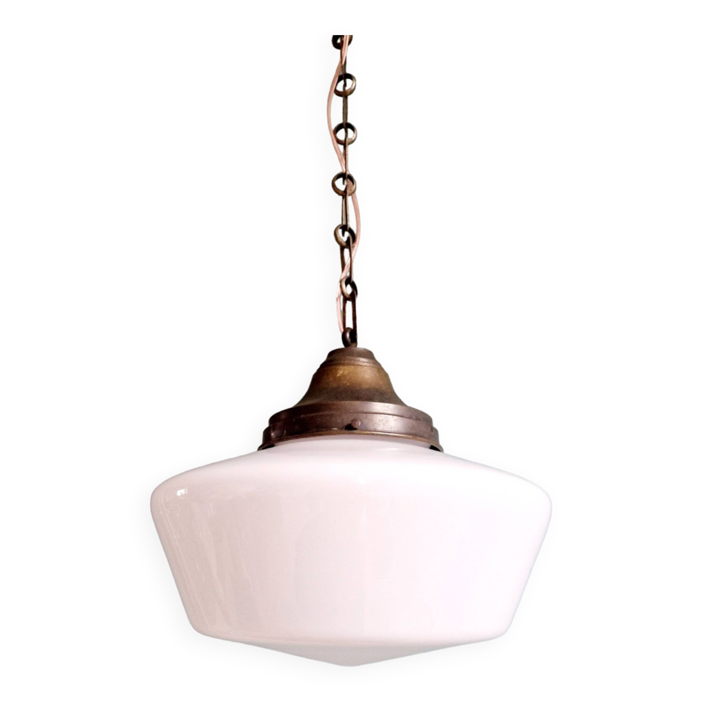 Suspension Art Déco Ancienne En Opaline - Révisée Et Re-câblée - Prête à Installer - Style Antique