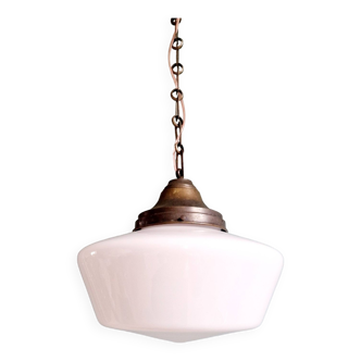 Grande suspension Art Déco en opaline blanche conique, années 1920-30