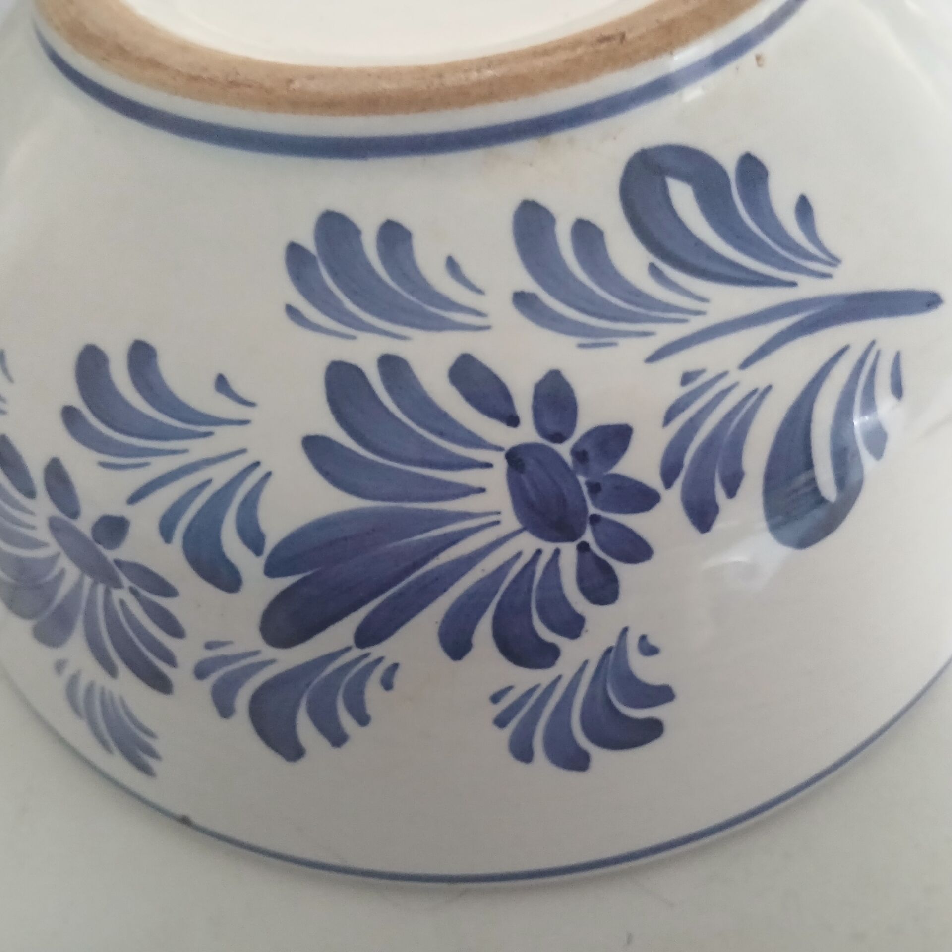 Large white salad bowl with blue flowers