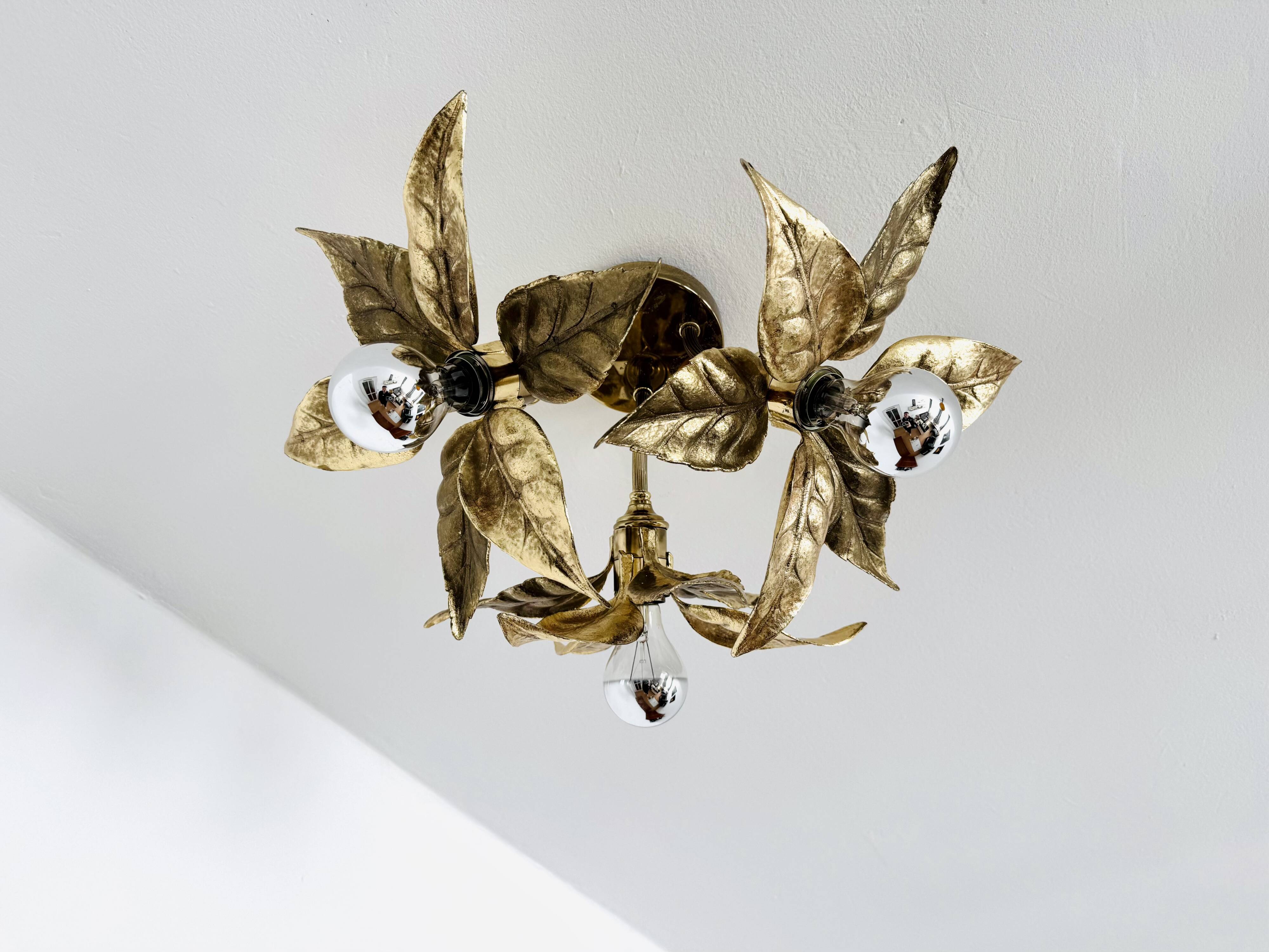 Large Floral Hollywood Regency Flush Lamp by Willy Daro for Massive