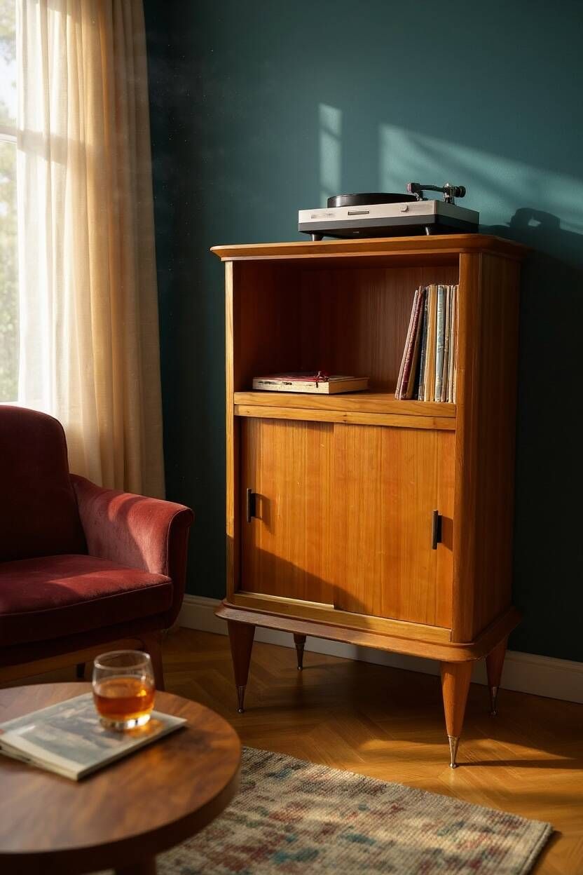 Vintage 1950s hi-fi cabinet – Scandinavian style – blond wood with brass legs