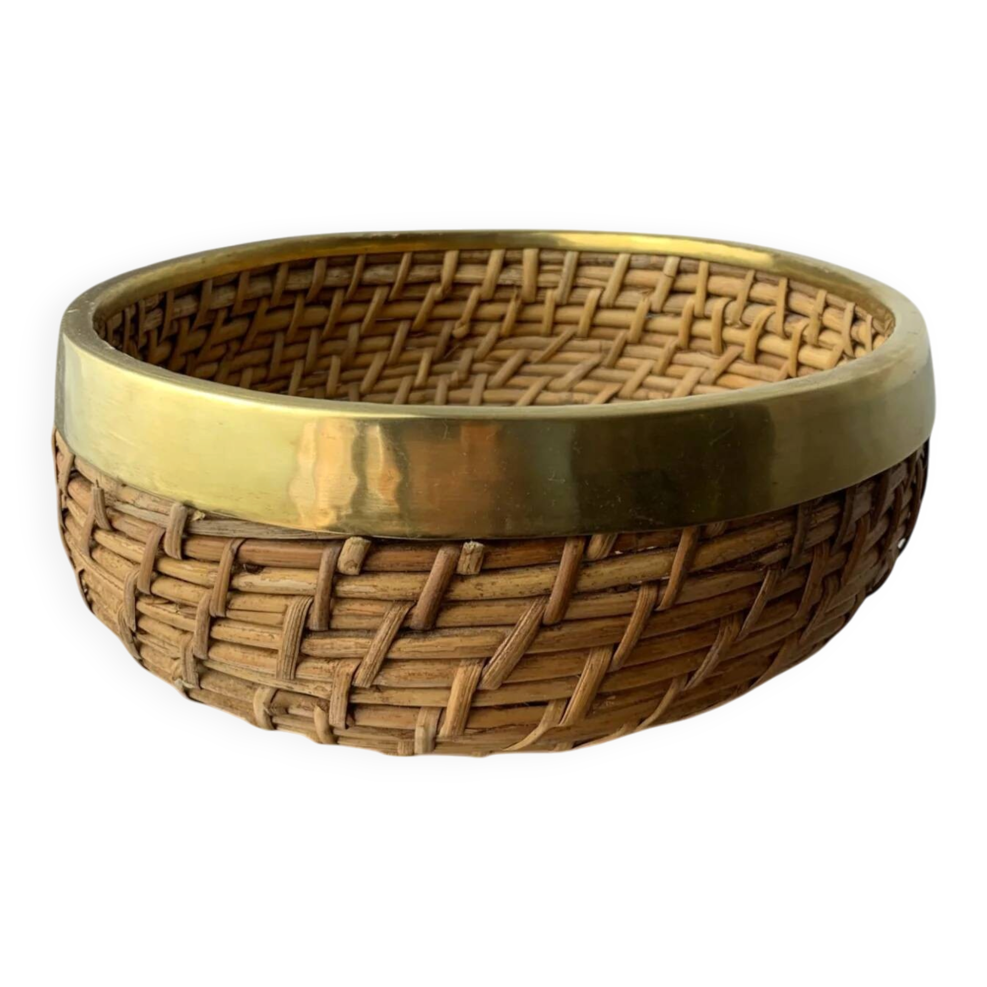 Circular rattan and brass basket, Italy, 1970s