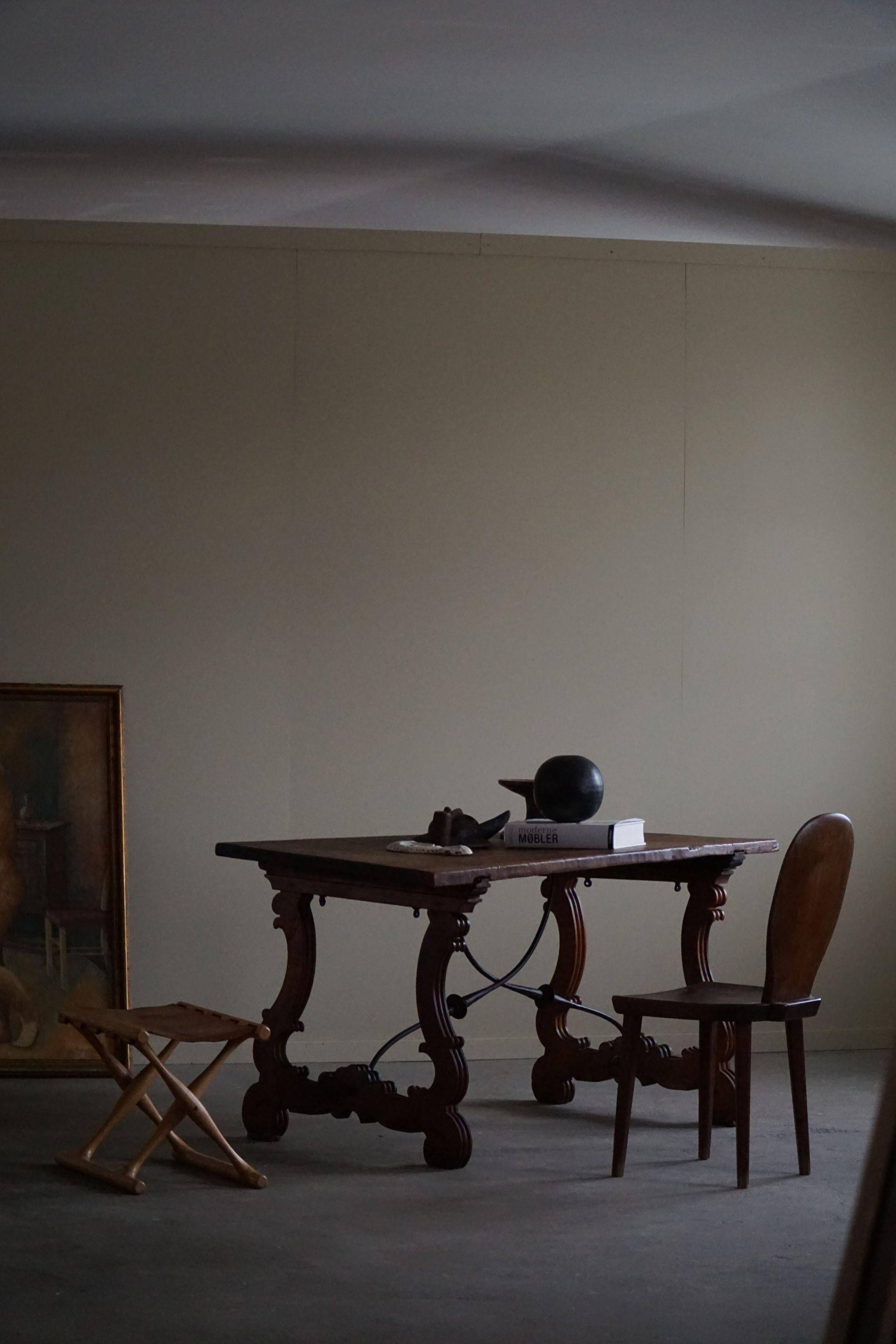 Brutalist table in antique Spanish solid oak and wrought iron, 19th century.