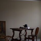 Brutalist table in antique Spanish solid oak and wrought iron, 19th century.