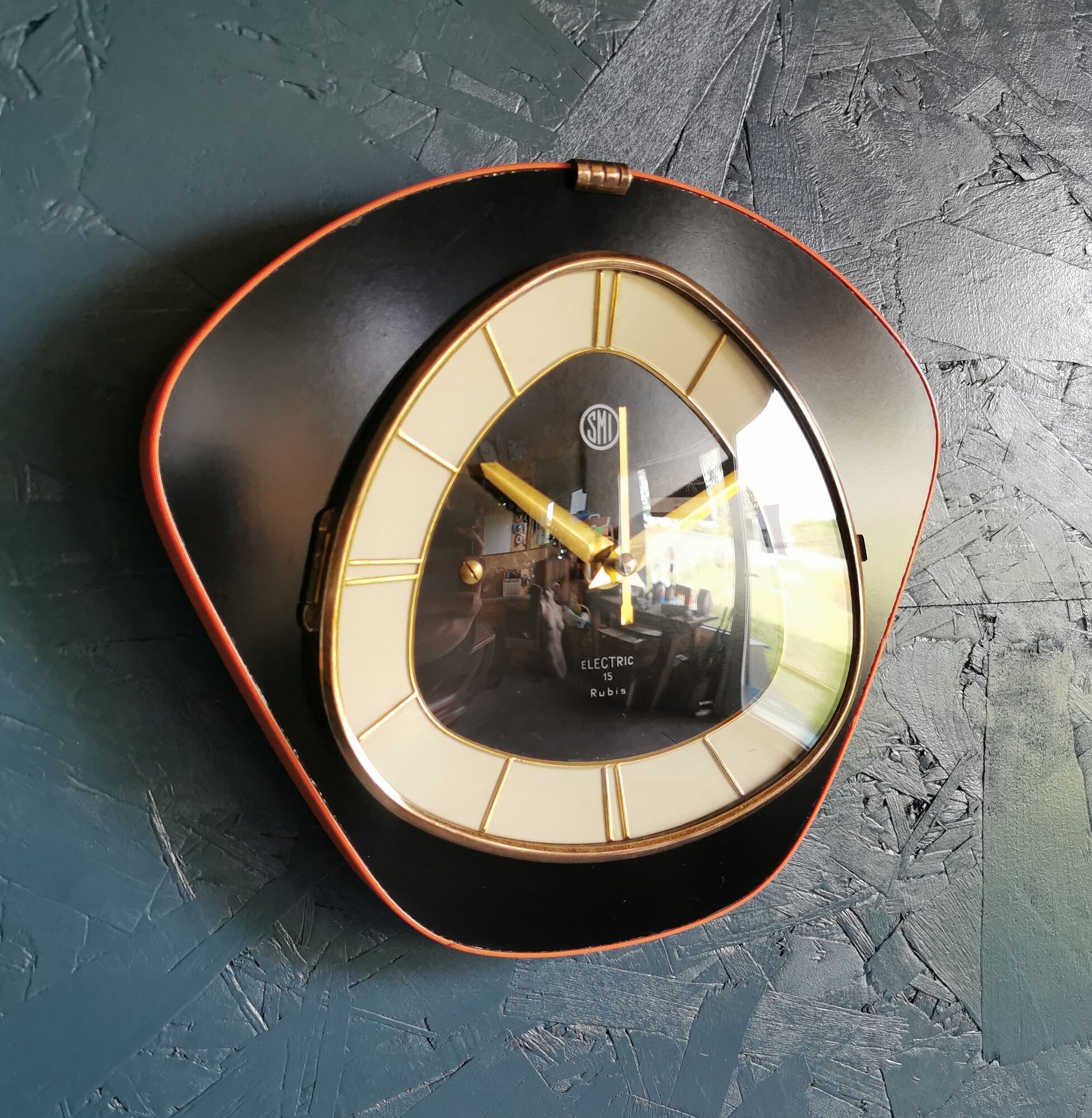 Horloge formica vintage pendule murale silencieuse "SMI noir orange"