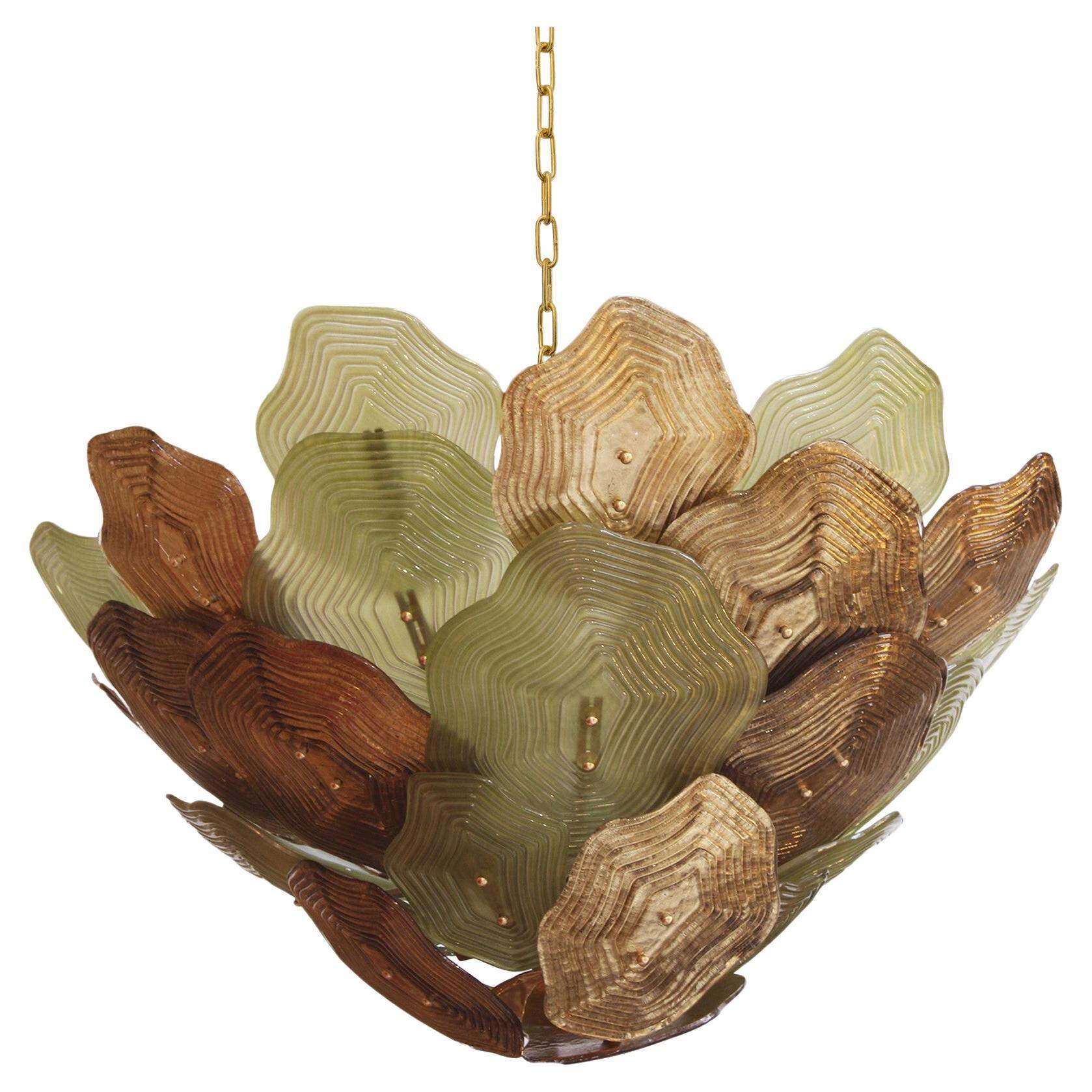 Murano Multicolored Green, Brown and Gold Glass Ceiling Lamp, Italy.