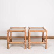 Pair of bedside tables or side tables, in rattan and smoked glass