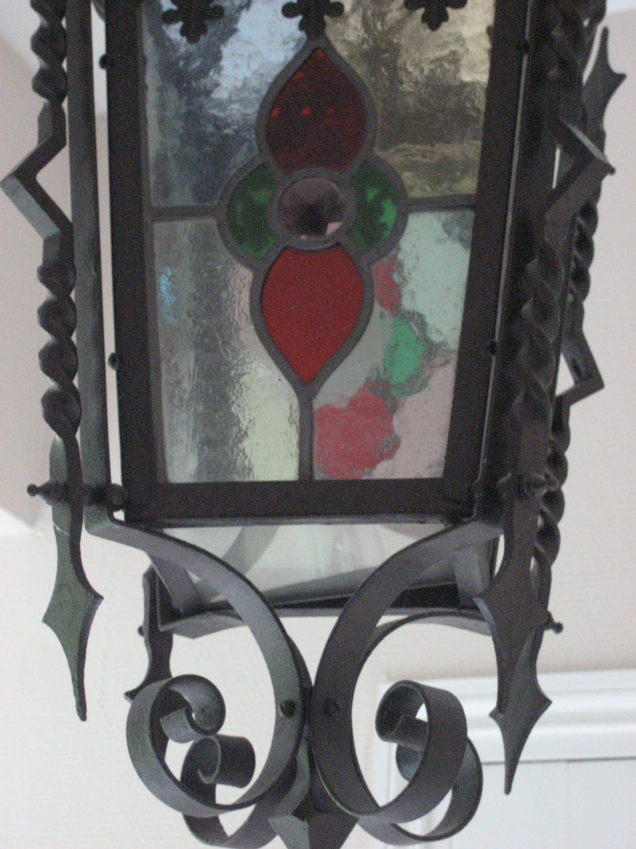 Ancient wrought iron lantern stained glass windows 19th