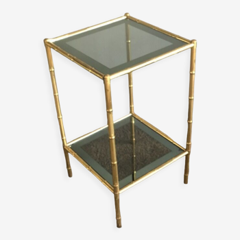 Table d'appoint en laiton façon bambou et verre fumé 1960