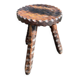Brutalist low tripod wooden stool