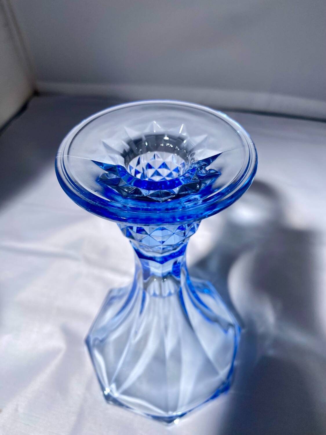 Pair of Jamestown blue Virginia candlesticks or vases by Fostori