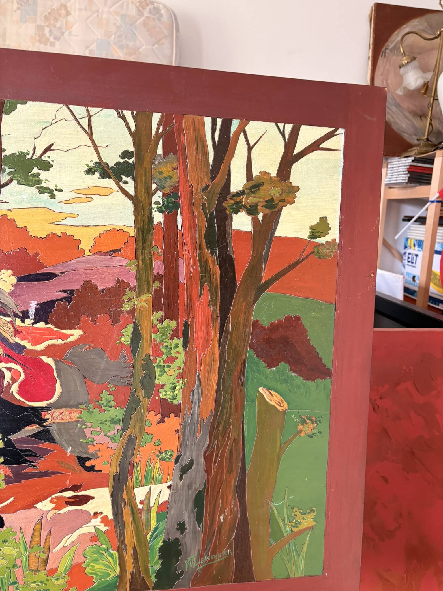 Table Painting Wood Carving Hunting Scene Dog Signed 130x70