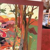 Table Painting Wood Carving Hunting Scene Dog Signed 130x70