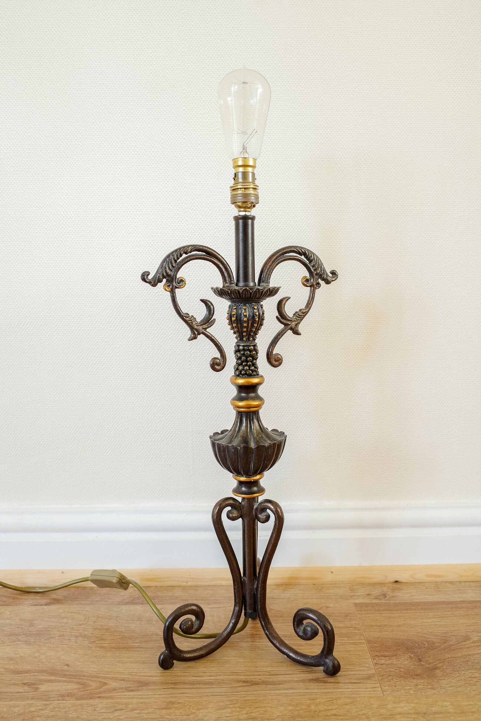 Vintage Large Black & Gold Iron Table Lamp Base, Antique 1950s Metal Bedside Lamp
