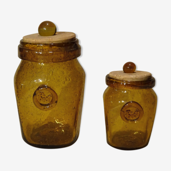 2 jars covered jars glass jars bubbled glass Biot ht 19 cm / 13 cm ref A174/318