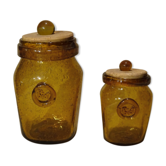 2 jars covered jars glass jars bubbled glass Biot ht 19 cm / 13 cm ref A174/318