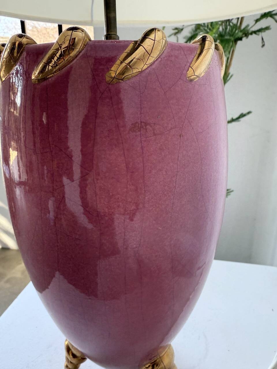 Pink and gold ceramic tripod table lamp
