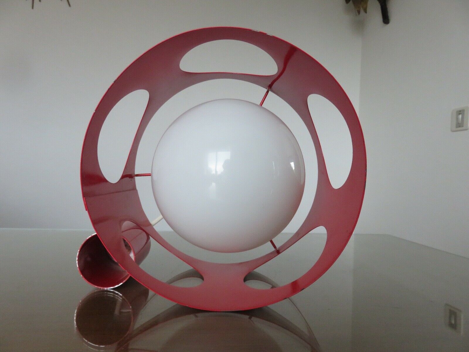 Suspension in red lacquered metal and white opaline ball 60s 70s
