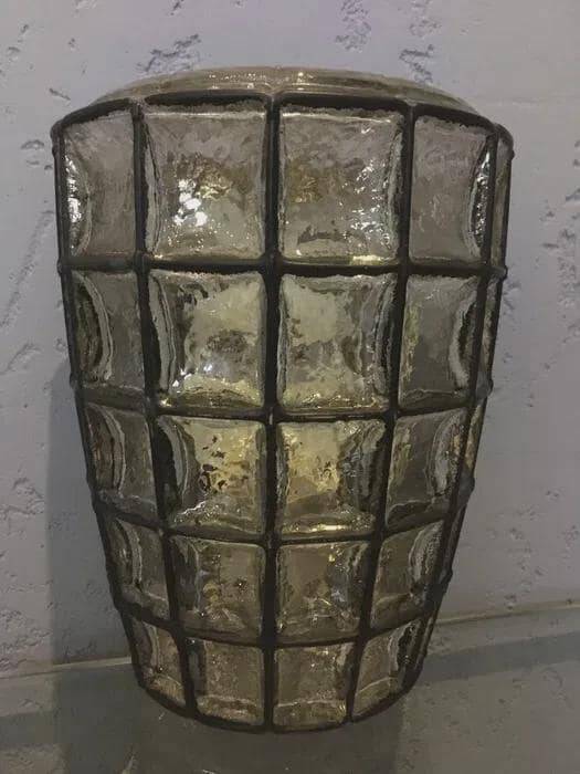 Glashütte Limburg wall light, textured glass in a metal grid, 1970s