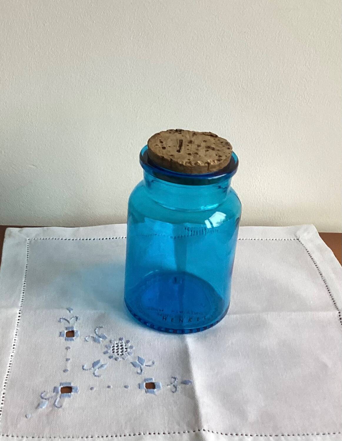 Blue glass jar with Henkel cork stopper - vintage
