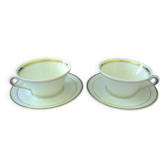 Pairs de déjeuners ou tasses à chocolat en porcelaine blanche et or