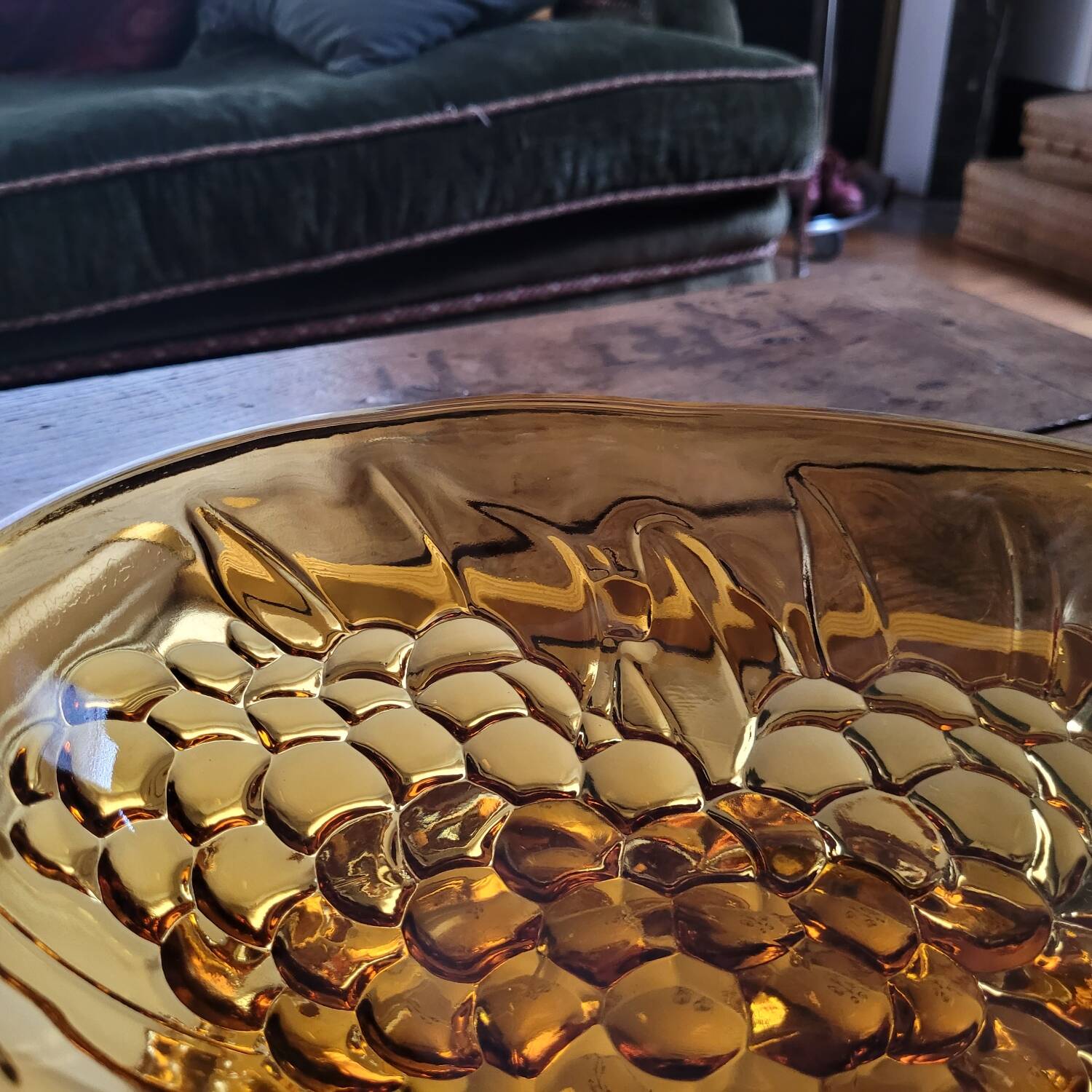 Vintage molded amber glass bowl – leaf and grape motif – years