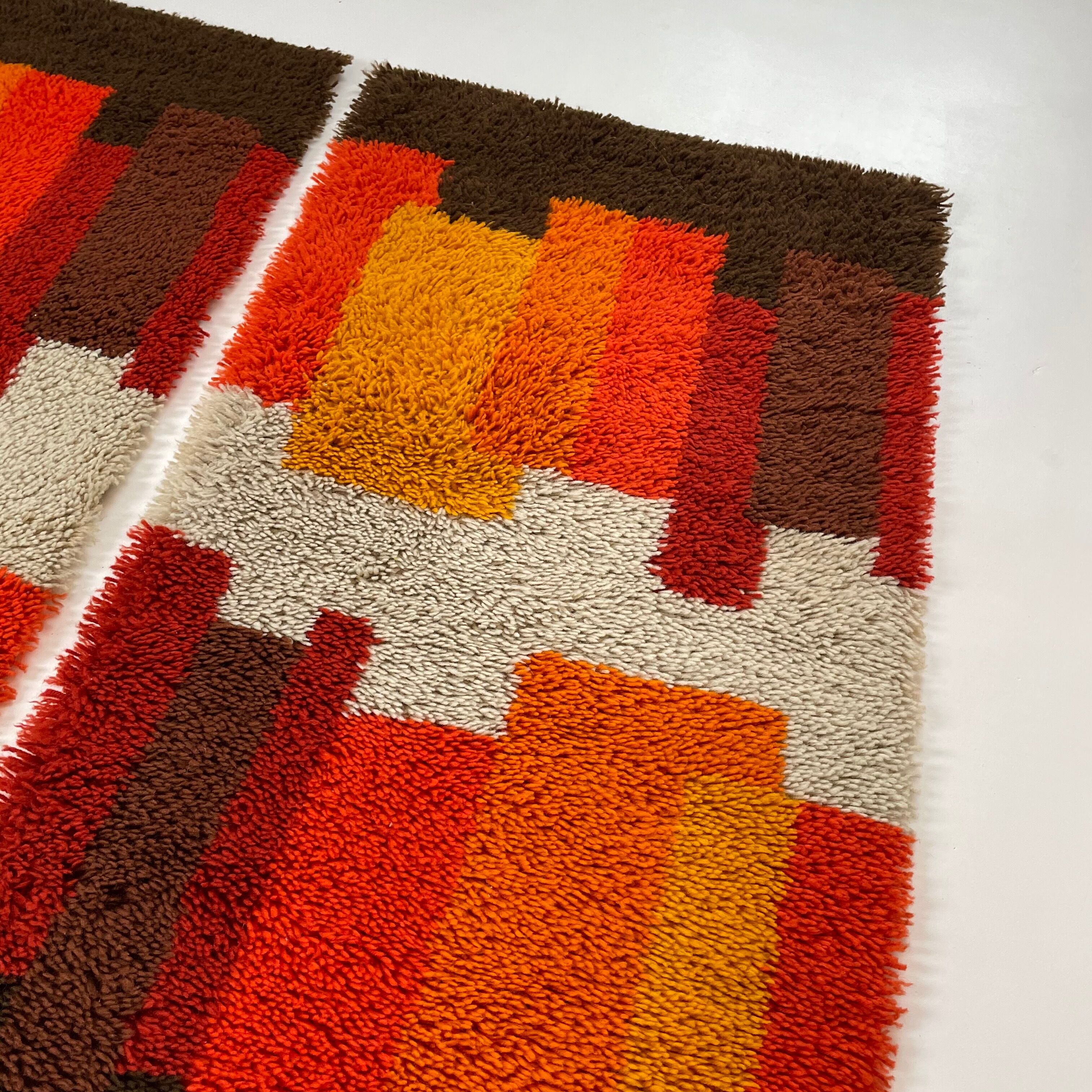 Set of 2 modernist multi-color high pile rya rug by desso, netherlands, 1970s