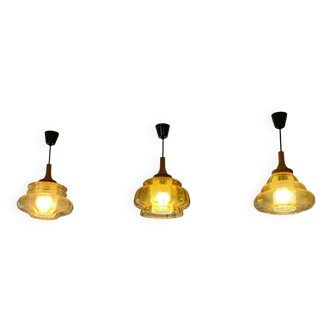 Trio of blown glass pendants Veb Narva Lbd Berlin amber yellow ocher vintage