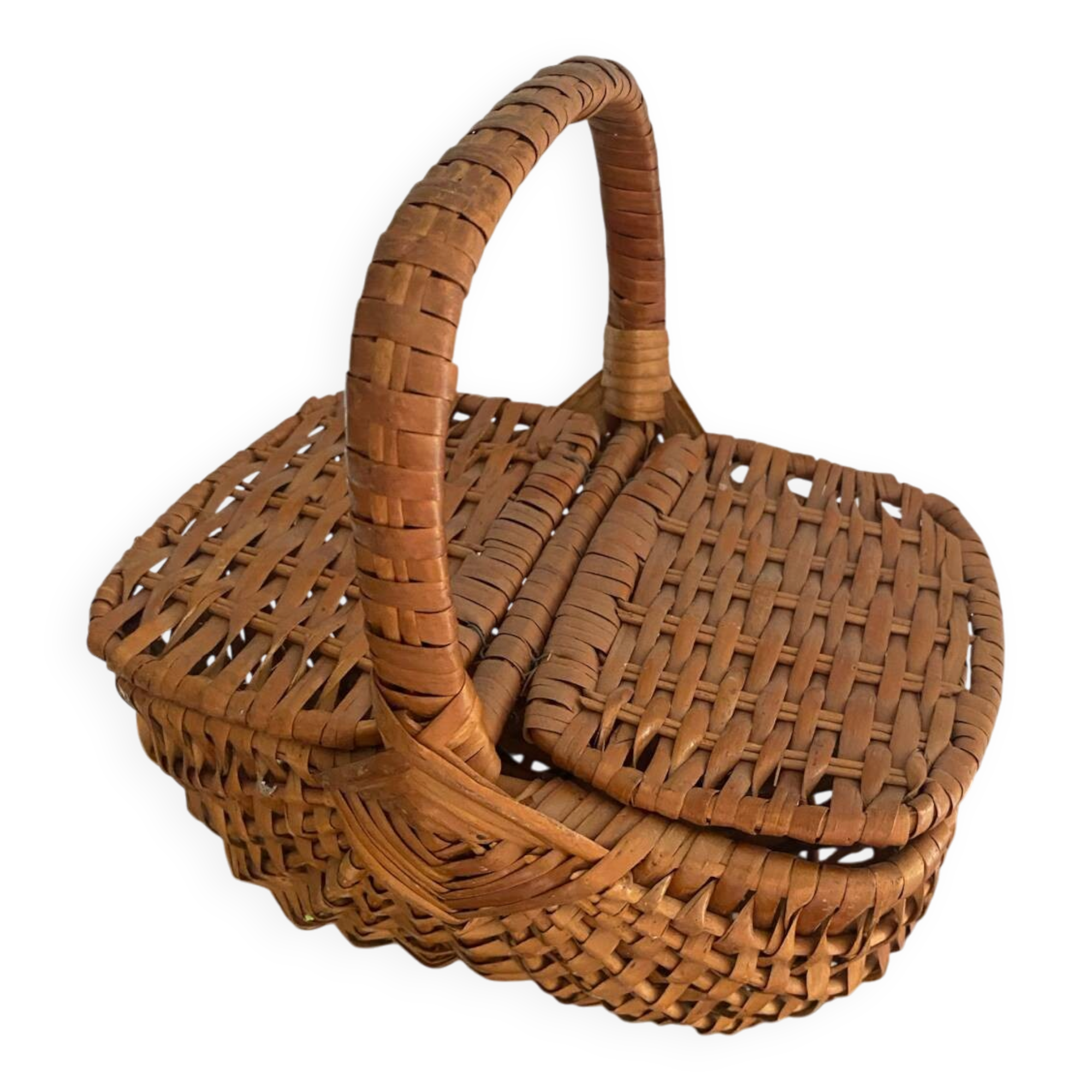 Brown woven vintage wicker basket with 2 lids.