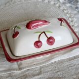 Vintage butter dish in slip and earthenware - Cherry pattern