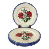 set of 4 floral dinner plates, pink and blue, made in France, 1950