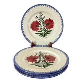 set of 4 floral dinner plates, pink and blue, made in France, 1950