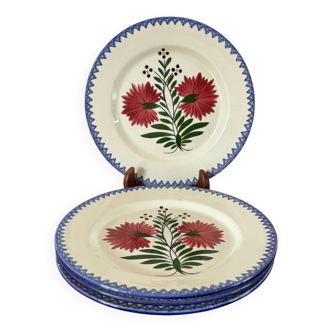 lot de 4 assiettes plates à fleurs, Rose et Bleu, Made in France, 1950