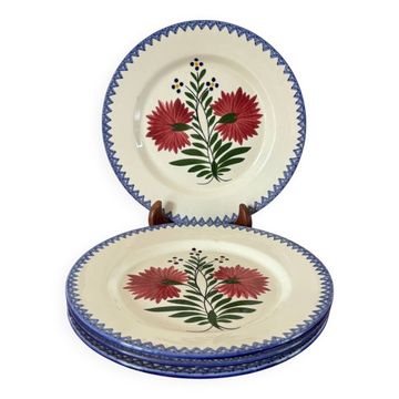lot de 4 assiettes plates à fleurs, Rose et Bleu, Made in France, 1950