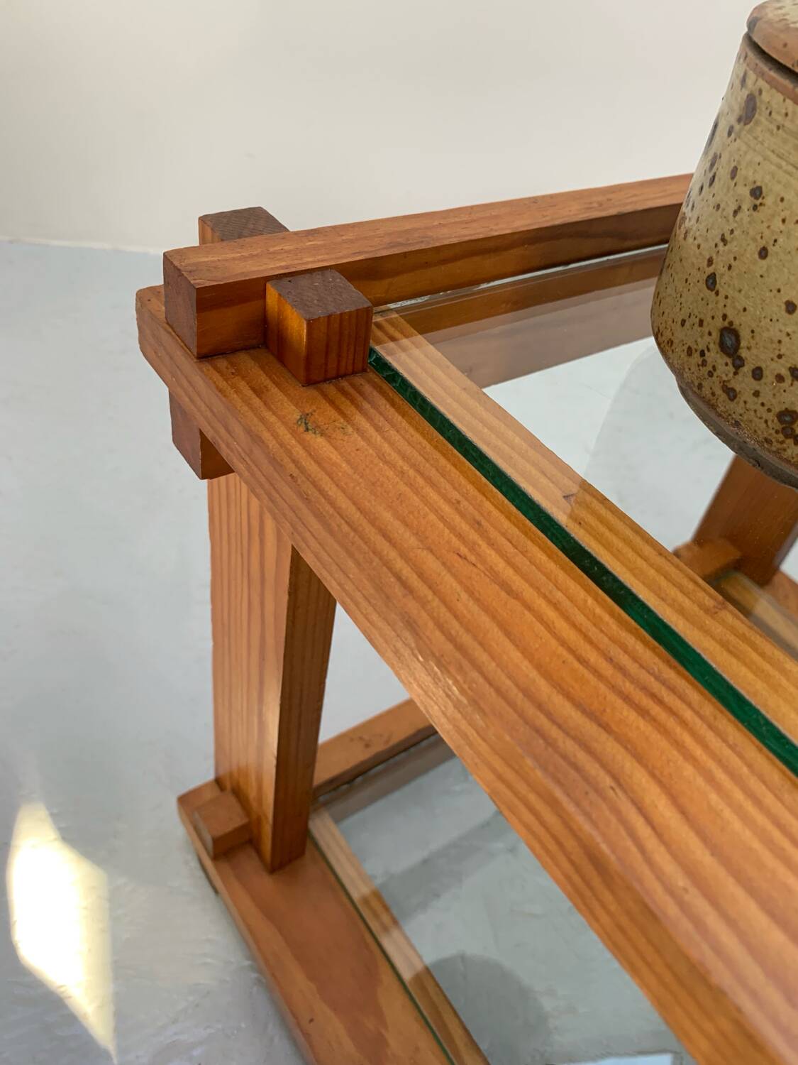 Small glass and pine side table, 1970s