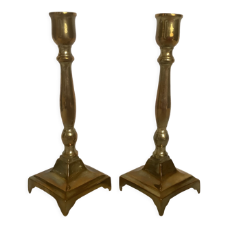 Pair of old square brass base candle holders
